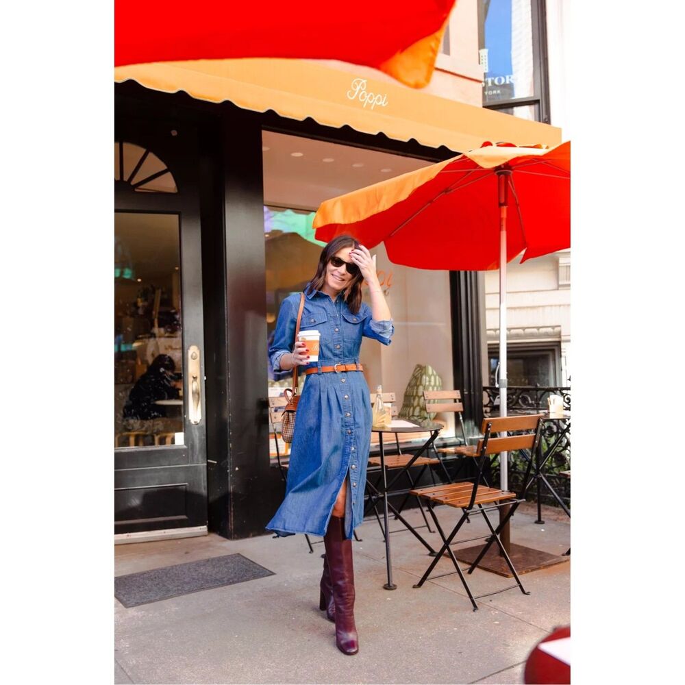 Sézane Medium Wash Denim Button Midi Dress Long Sleeve EU 36